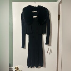 2-Piece Taylor Tank Top Black Dress with Faux Fur Trim Cardigan